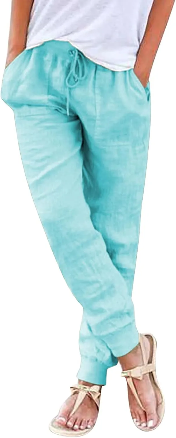 Womens Tapered Pants Casual Cotton Linen Pants Elastic Waist Linen Joggers Drawstring Pants with Pockets Trousers