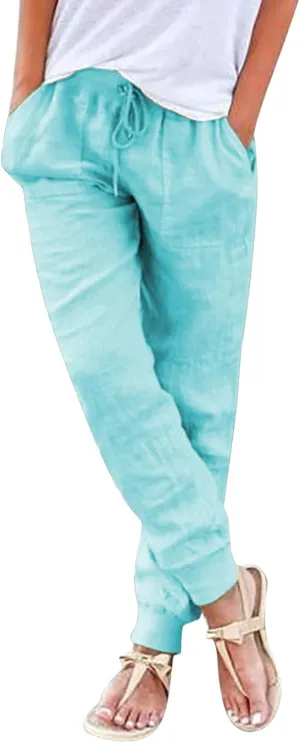 Womens Tapered Pants Casual Cotton Linen Pants Elastic Waist Linen Joggers Drawstring Pants with Pockets Trousers