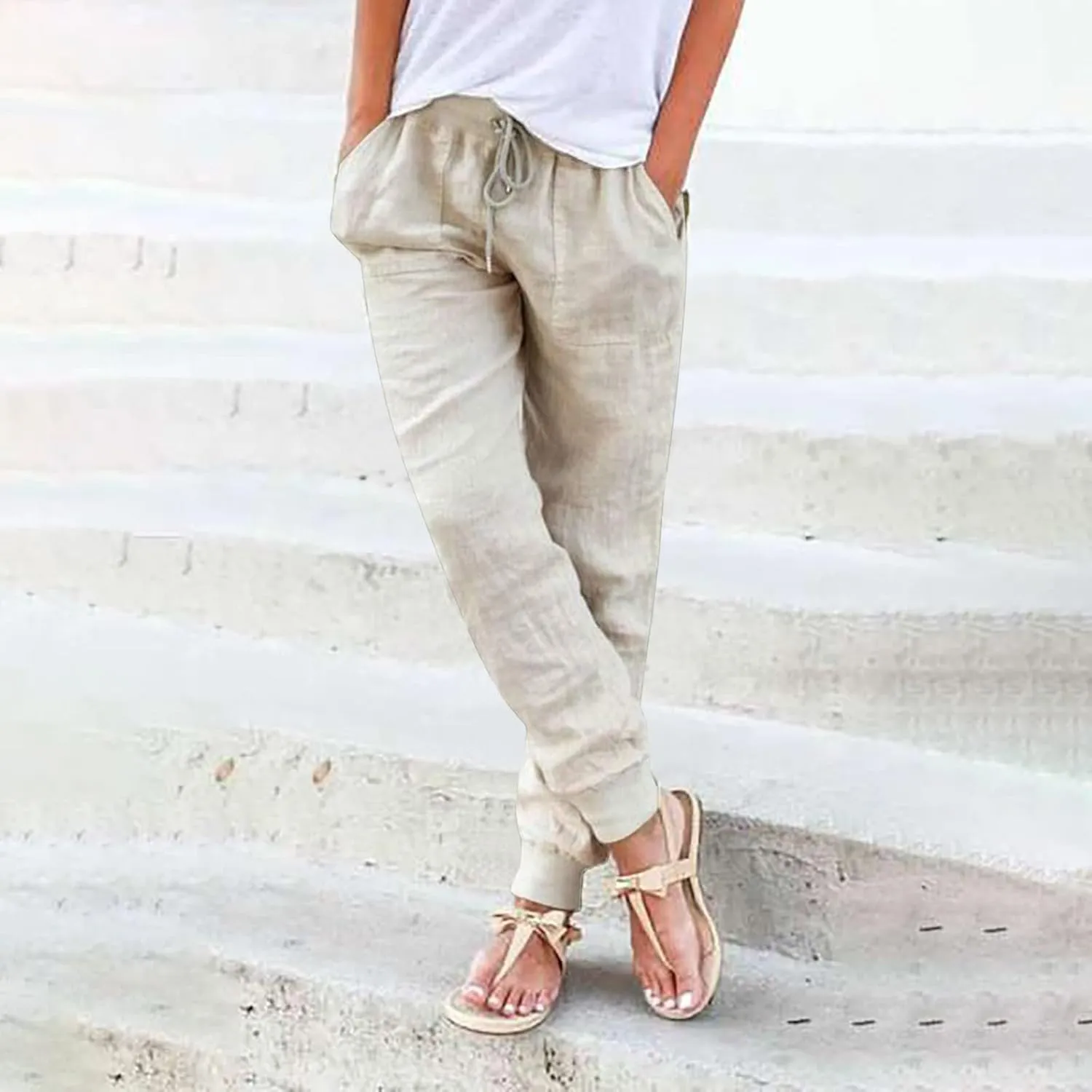 Womens Tapered Pants Casual Cotton Linen Pants Elastic Waist Linen Joggers Drawstring Pants with Pockets Trousers