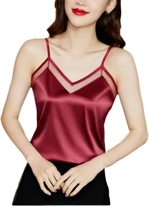 Women's V-Neck Slim Short Silk Tops Women Sleeveless Solid Color Backless Camisole