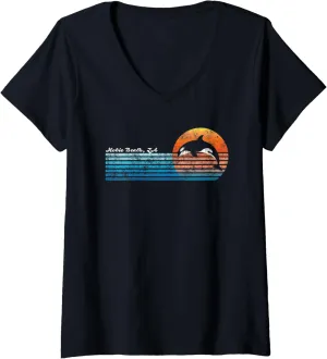Womens Vintage Hobie Beach, South Africa Retro 80s Orka Sunset V-Neck T-Shirt