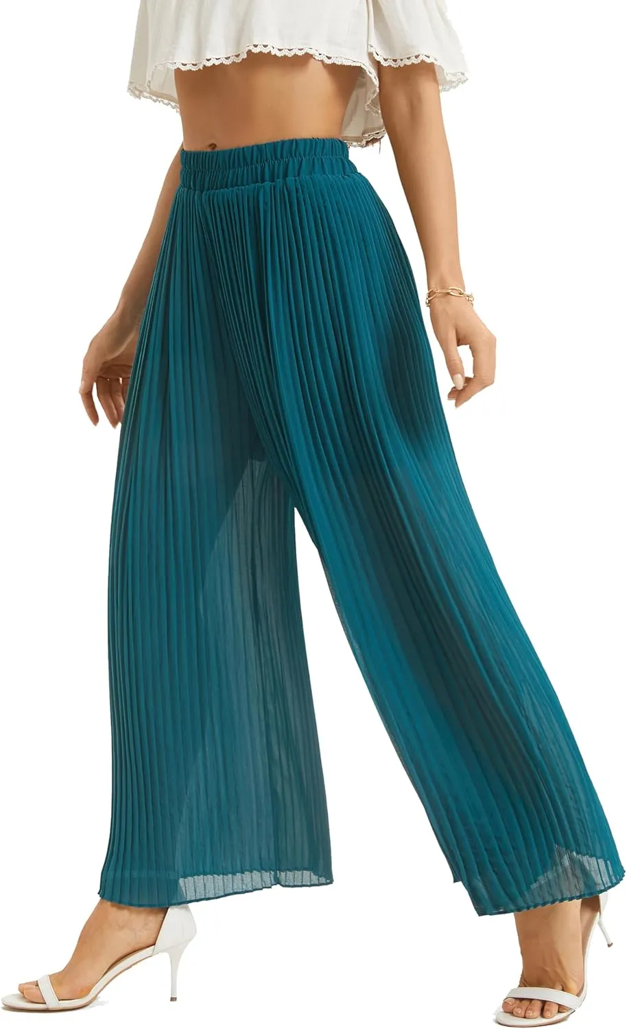 Women's Wide Leg Dress Pant High Waist Casual Flowy Boho Trousers Pleated Chiffon Elastic Waist Pants with Pocket