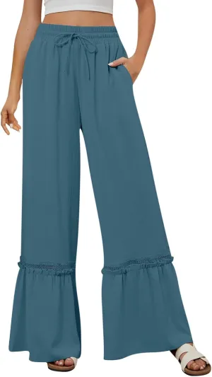 Womens Wide Leg Pants Solid Pleated Drawstring Elastic High Waist Pant Summer Casual Trousers with Pockets