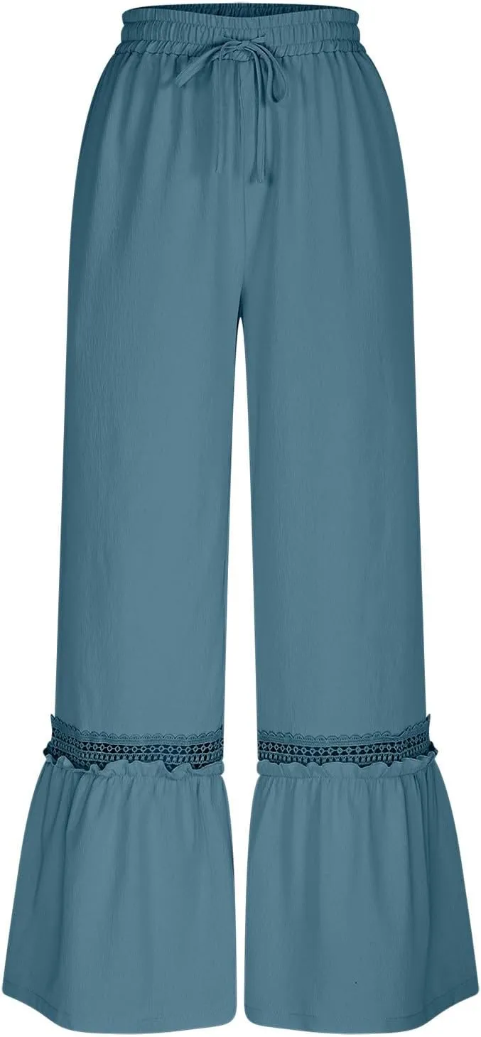 Womens Wide Leg Pants Solid Pleated Drawstring Elastic High Waist Pant Summer Casual Trousers with Pockets