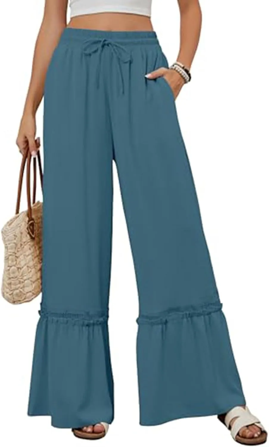 Womens Wide Leg Pants Solid Pleated Drawstring Elastic High Waist Pant Summer Casual Trousers with Pockets