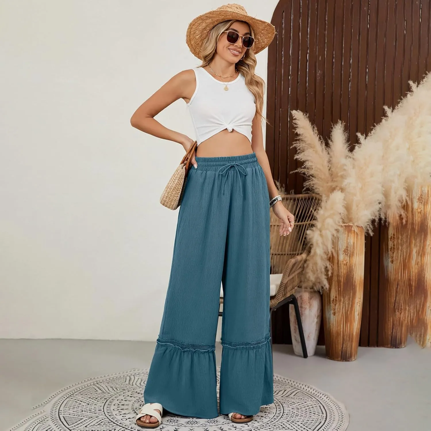 Womens Wide Leg Pants Solid Pleated Drawstring Elastic High Waist Pant Summer Casual Trousers with Pockets