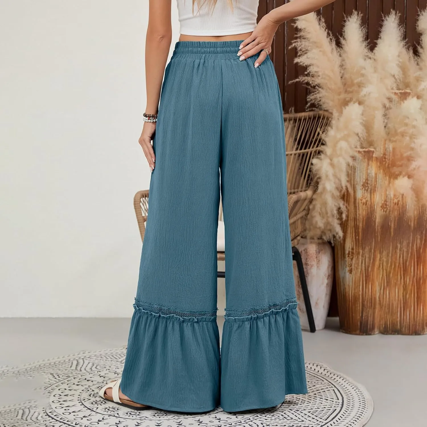 Womens Wide Leg Pants Solid Pleated Drawstring Elastic High Waist Pant Summer Casual Trousers with Pockets