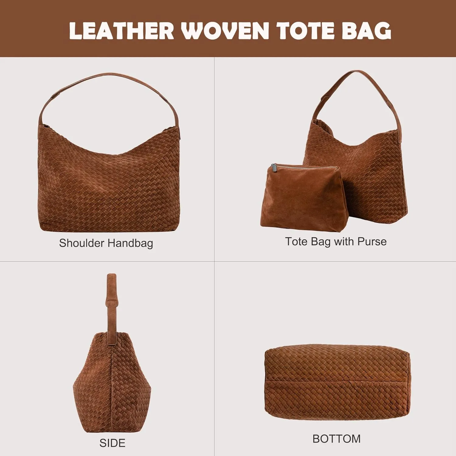 Woven Leather Tote Bag for Women, Vintage Large Suede Woven Purse, Vegan Leather Shoulder Bag Braided Handbag With Purse