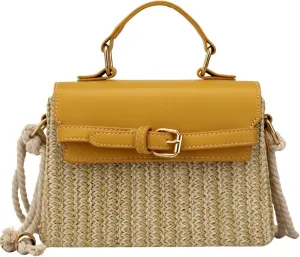 Woven Straw Handbag Women Simple Chic Box Purse Cotton Rope Shoulder Strap Bag Vacation