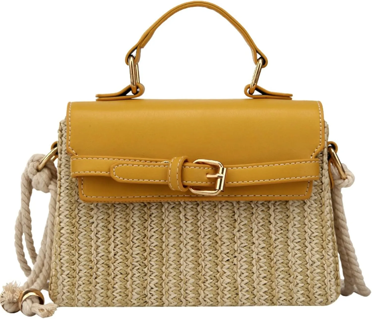 Woven Straw Handbag Women Simple Chic Box Purse Cotton Rope Shoulder Strap Bag Vacation
