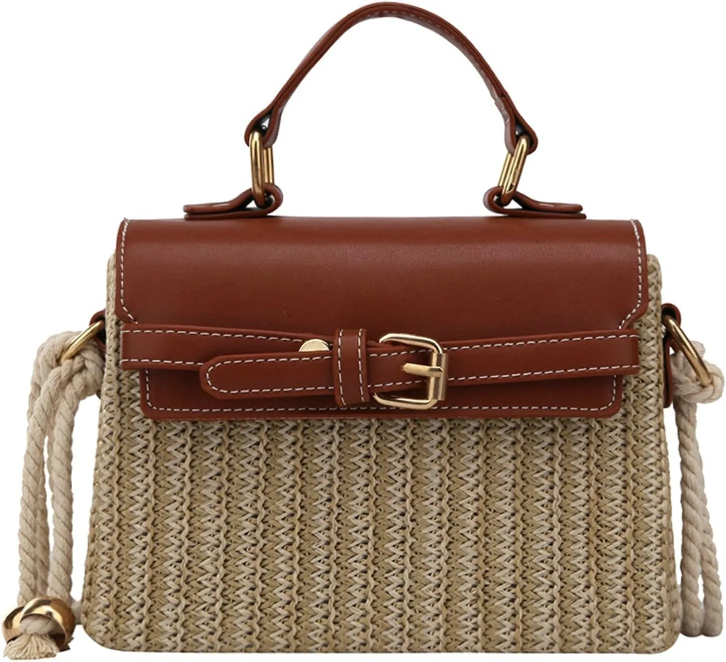 Woven Straw Handbag Women Simple Chic Box Purse Cotton Rope Shoulder Strap Bag Vacation