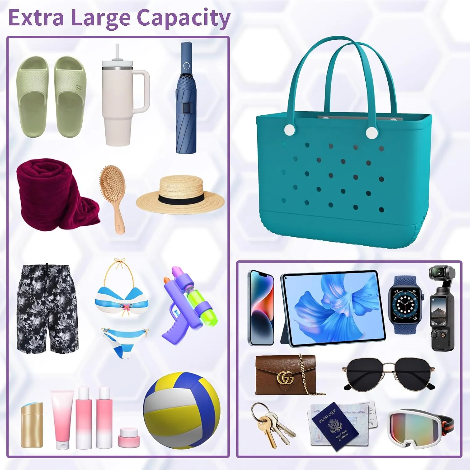 X-Large Rubber Tote Bag Rubber Beach Bag, Washable Durable Beach Tote, Lightweight, Waterproof Sandproof