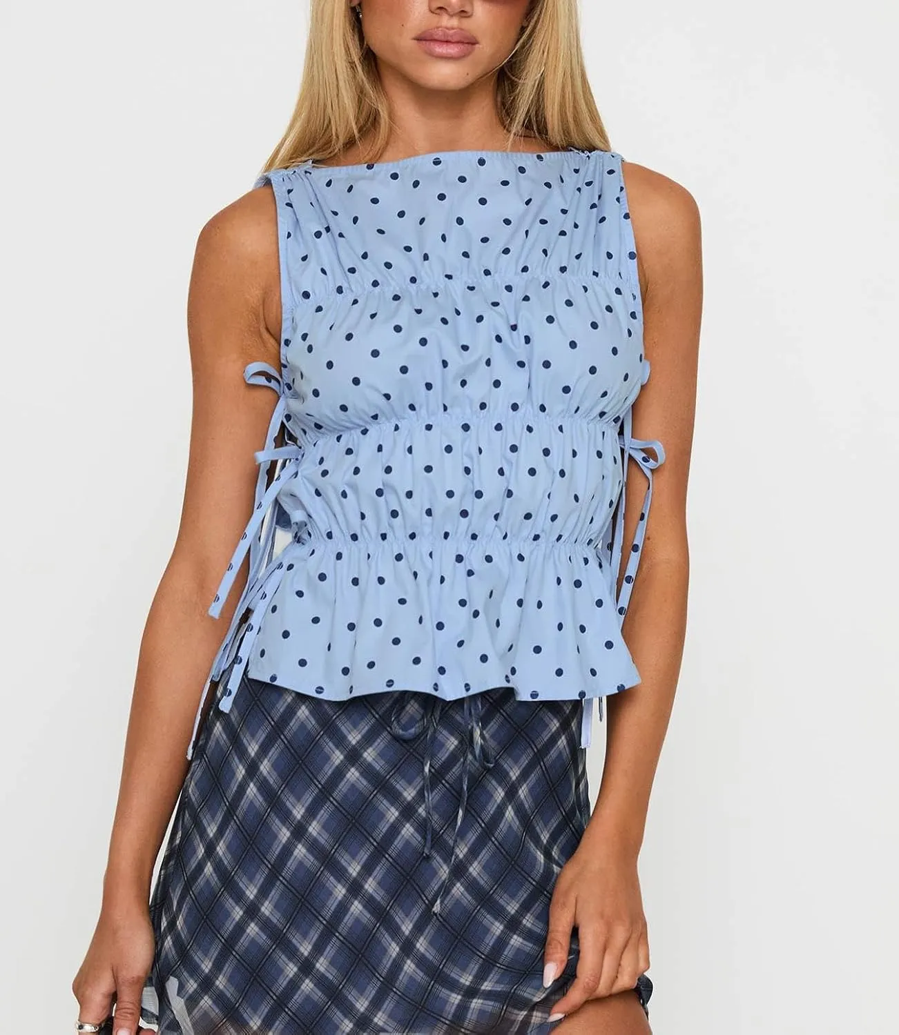 Y2k Women Tie Side Tank Top Crop Cute Sleeveless Lace Up Loose Vest Split Square Neck Going Out Shirts Summer