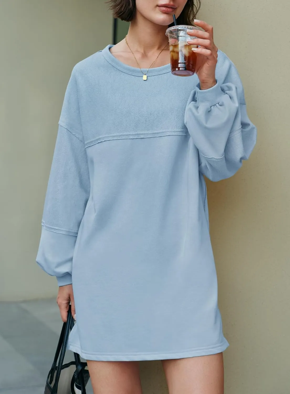 Yanekop Womens Oversized Sweatshirt Dress Patchwork Tunic Sweatshirts Crewneck Long Sleeve Spring Pullover Tops Side Slit