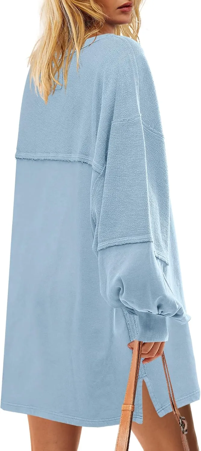 Yanekop Womens Oversized Sweatshirt Dress Patchwork Tunic Sweatshirts Crewneck Long Sleeve Spring Pullover Tops Side Slit