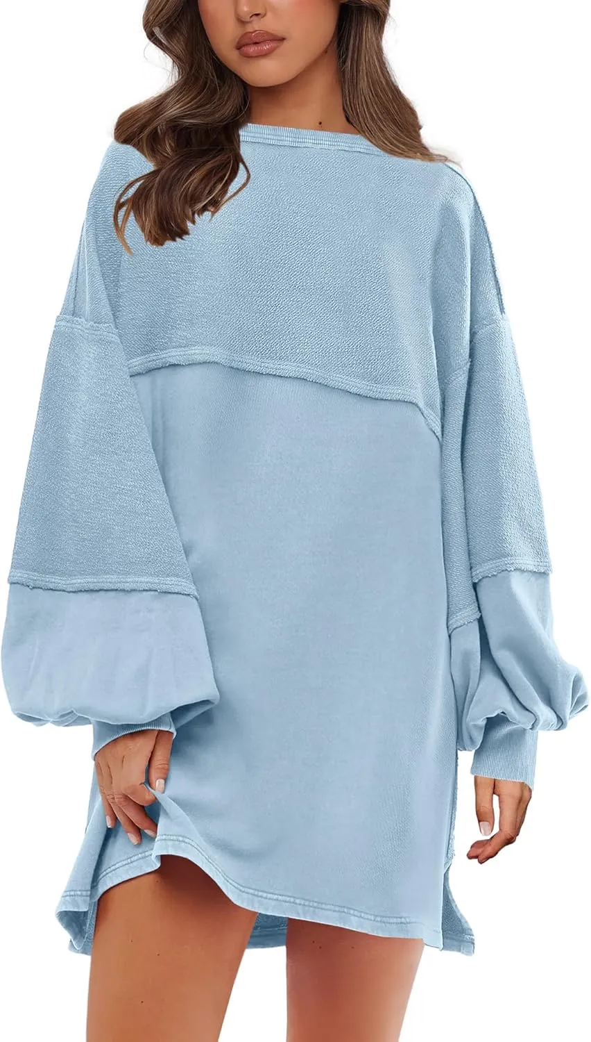 Yanekop Womens Oversized Sweatshirt Dress Patchwork Tunic Sweatshirts Crewneck Long Sleeve Spring Pullover Tops Side Slit