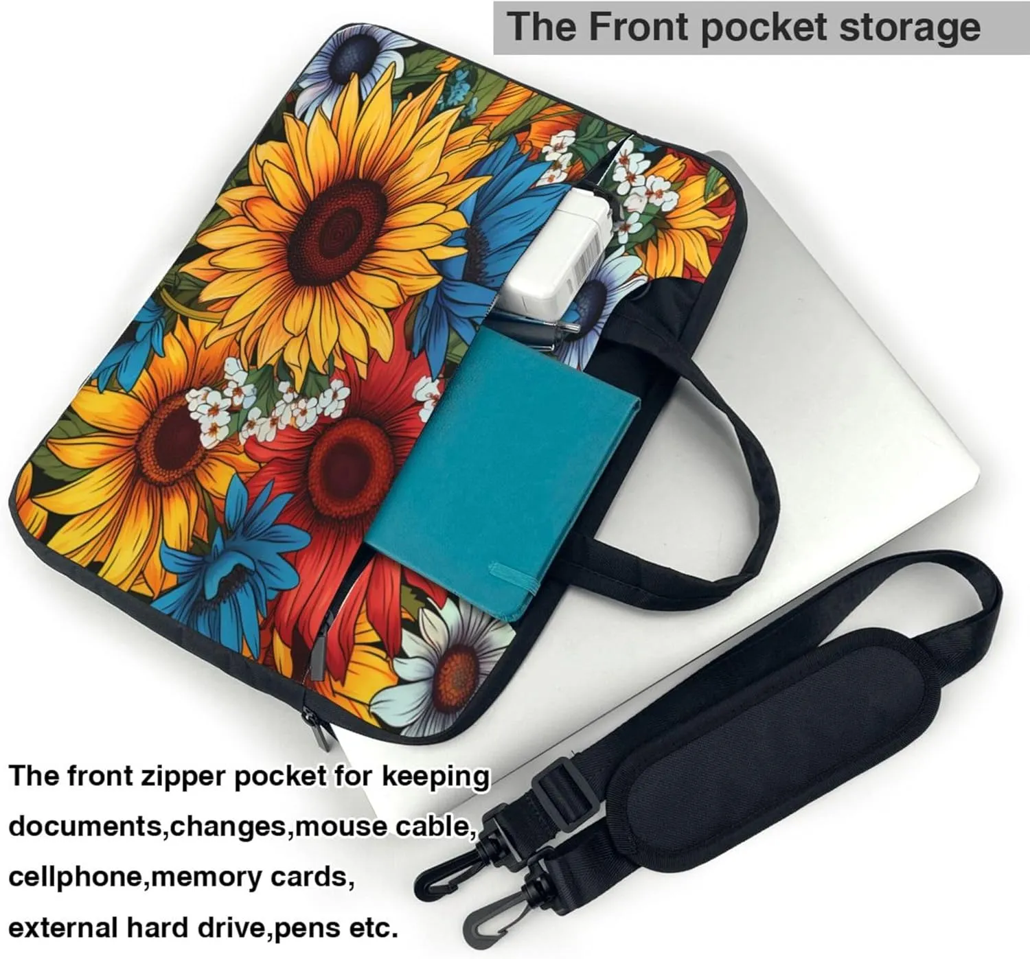 Yellow Sunflower Laptop Shoulder Bag for Women, Colorful Flower Laptop Sleeve Case Durable Computer Bag
