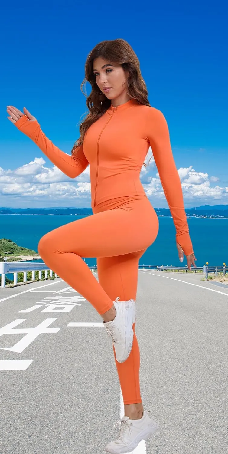 Yknktstc Womens Two Piece Tracksuit Set Long Sleeve Zipper Jacket with Athletic High Waist Leggings Workout Outfit
