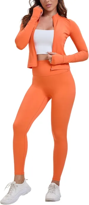 Yknktstc Womens Two Piece Tracksuit Set Long Sleeve Zipper Jacket with Athletic High Waist Leggings Workout Outfit