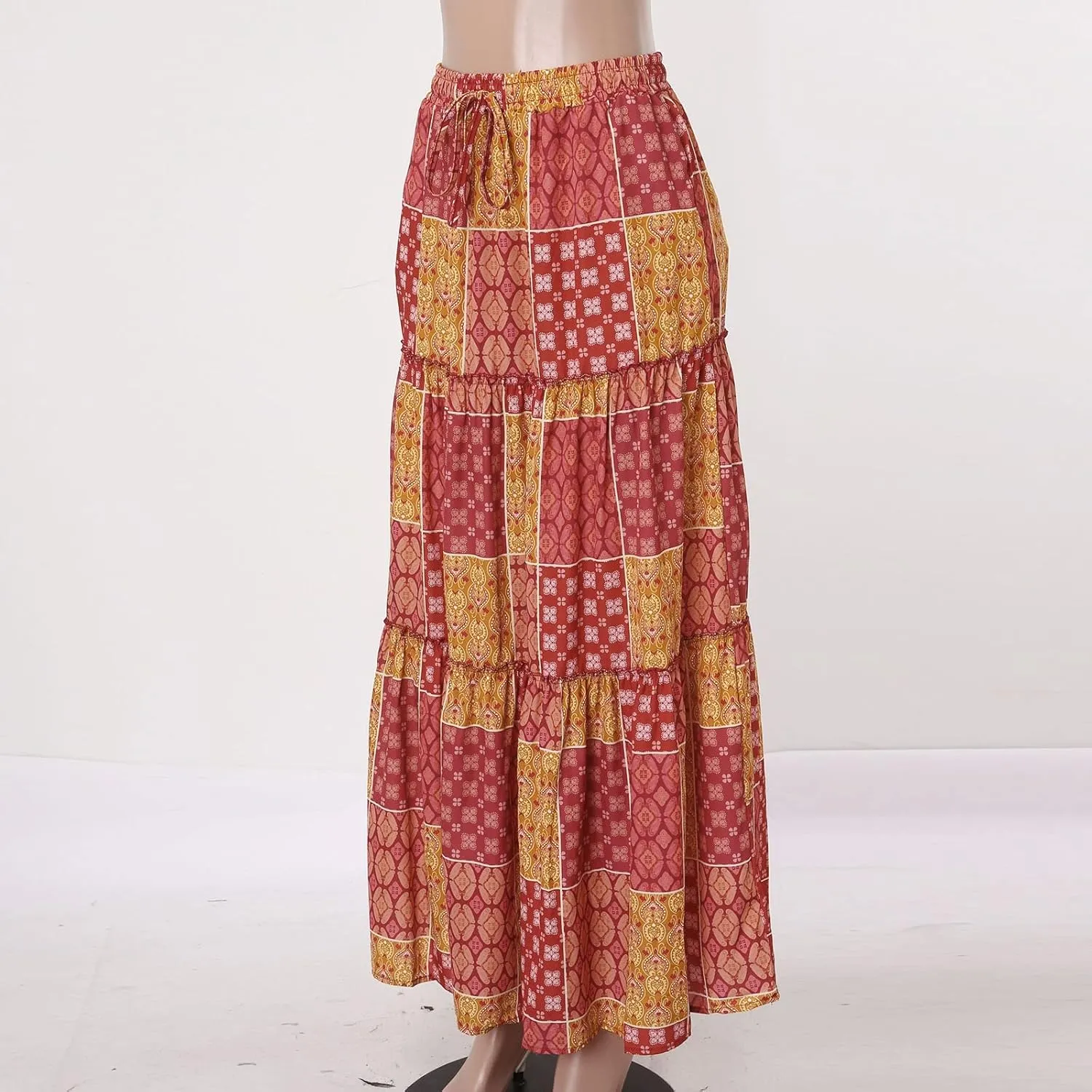 YOLAI Womens Casual High Waist Tiered Paisley Print Long Maxi Skirt Vintage Boho Skirt with Pockets (Yellow-d, M)