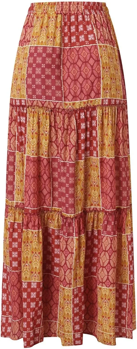 YOLAI Womens Casual High Waist Tiered Paisley Print Long Maxi Skirt Vintage Boho Skirt with Pockets (Yellow-d, M)