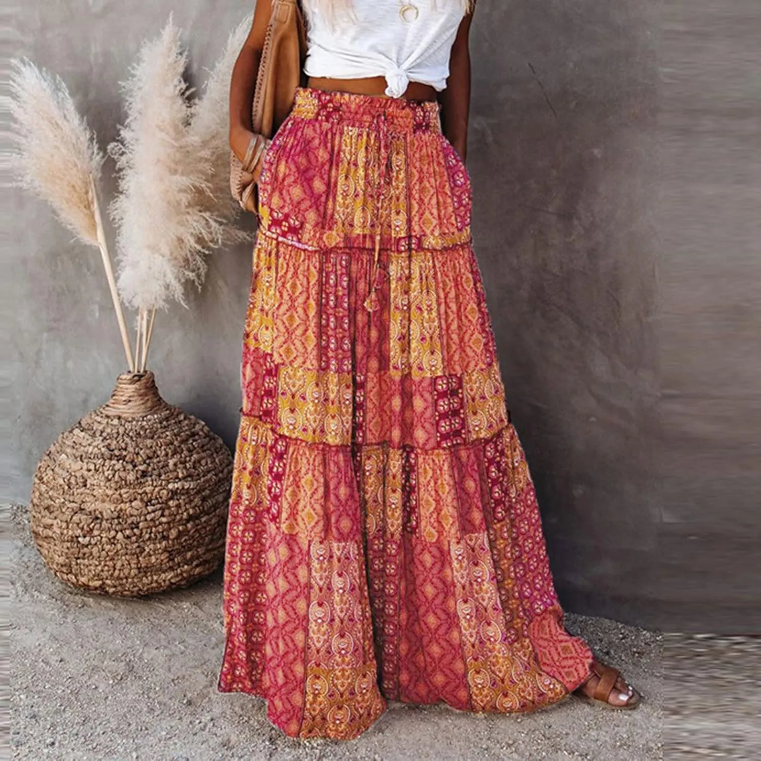 YOLAI Womens Casual High Waist Tiered Paisley Print Long Maxi Skirt Vintage Boho Skirt with Pockets (Yellow-d, M)