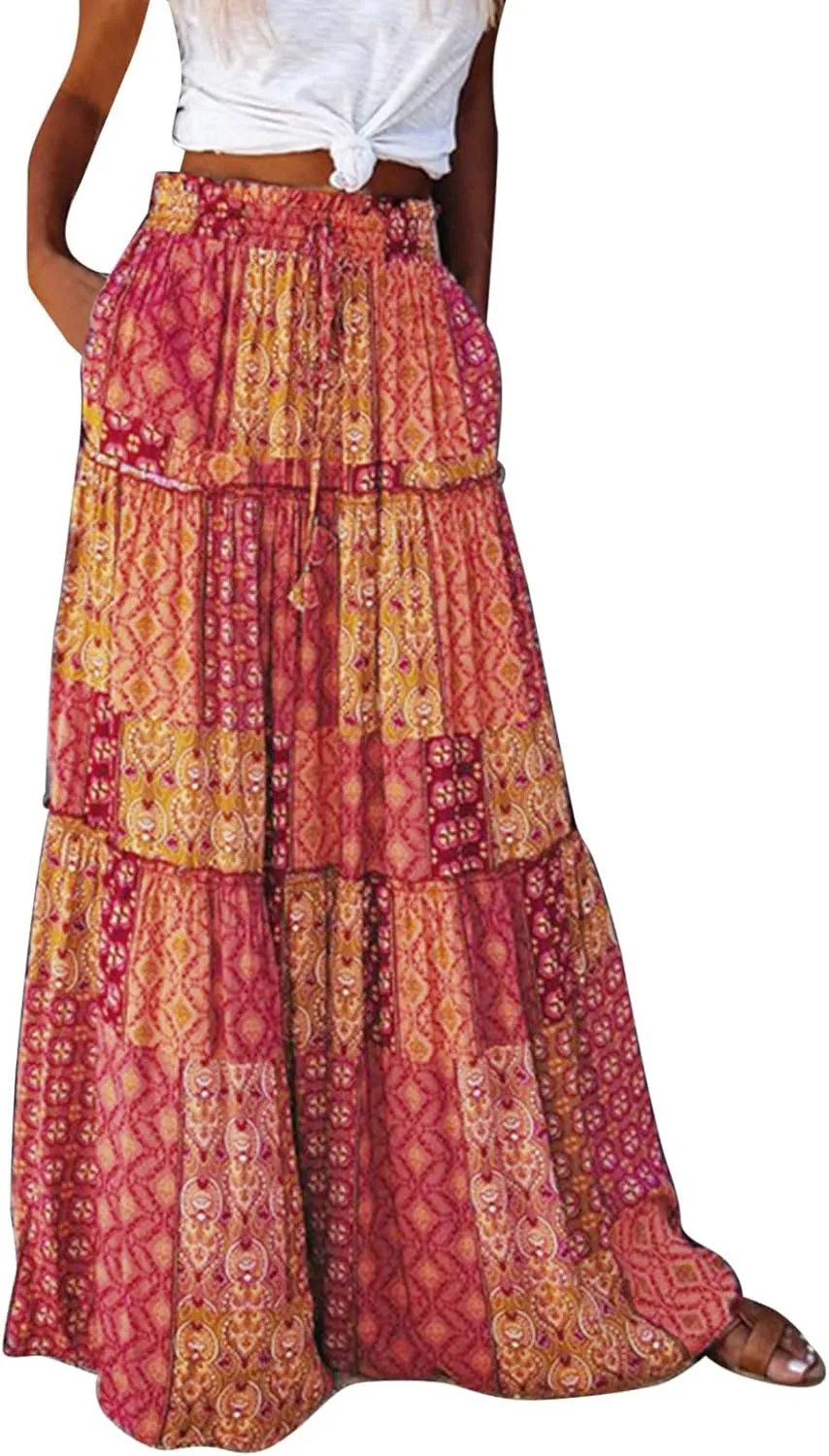 YOLAI Womens Casual High Waist Tiered Paisley Print Long Maxi Skirt Vintage Boho Skirt with Pockets (Yellow-d, M)