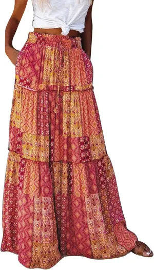 YOLAI Womens Casual High Waist Tiered Paisley Print Long Maxi Skirt Vintage Boho Skirt with Pockets (Yellow-d, M)