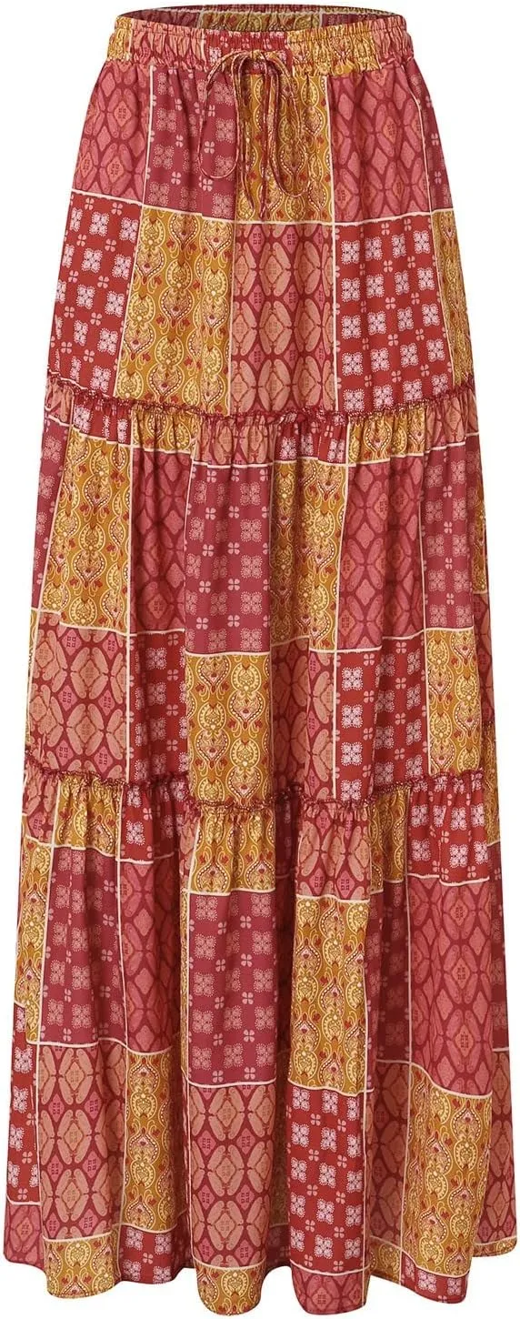 YOLAI Womens Casual High Waist Tiered Paisley Print Long Maxi Skirt Vintage Boho Skirt with Pockets (Yellow-d, M)