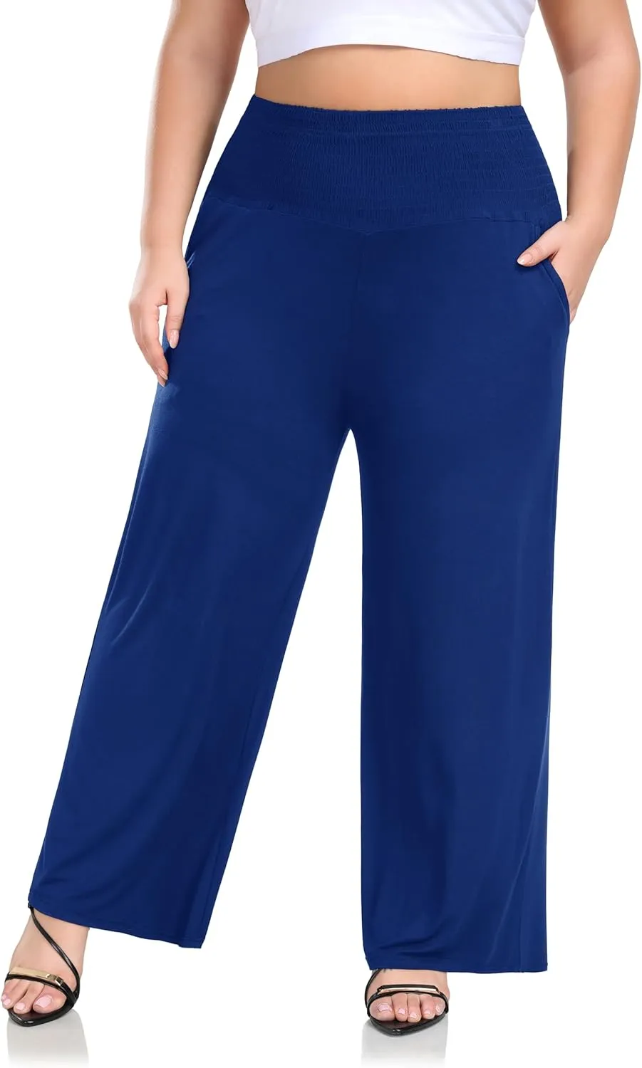 ZERDOCEAN Women's Plus Size Palazzo Pants Wide Leg Smocked Waist Casual Loose Lounge Pants with Pockets