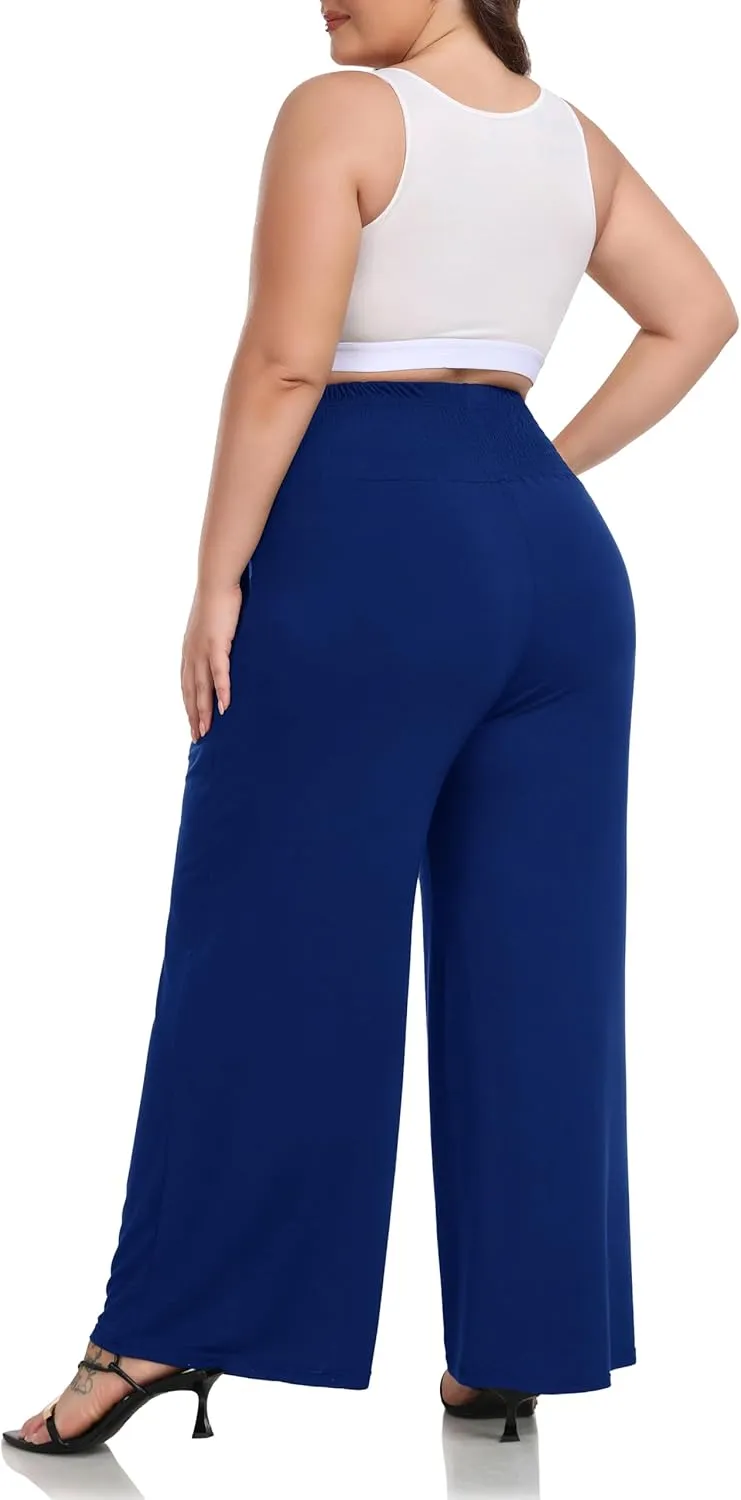 ZERDOCEAN Women's Plus Size Palazzo Pants Wide Leg Smocked Waist Casual Loose Lounge Pants with Pockets