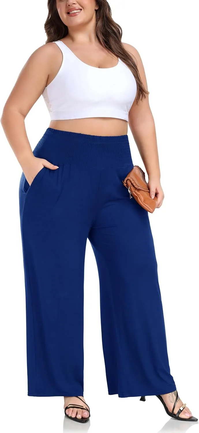 ZERDOCEAN Women's Plus Size Palazzo Pants Wide Leg Smocked Waist Casual Loose Lounge Pants with Pockets