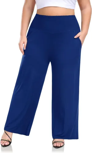 ZERDOCEAN Women's Plus Size Palazzo Pants Wide Leg Smocked Waist Casual Loose Lounge Pants with Pockets