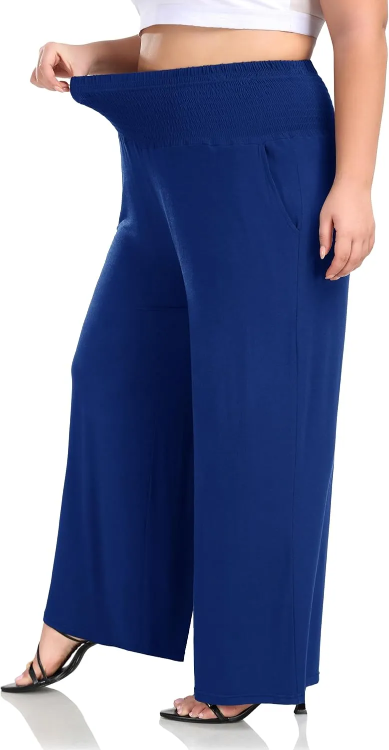 ZERDOCEAN Women's Plus Size Palazzo Pants Wide Leg Smocked Waist Casual Loose Lounge Pants with Pockets