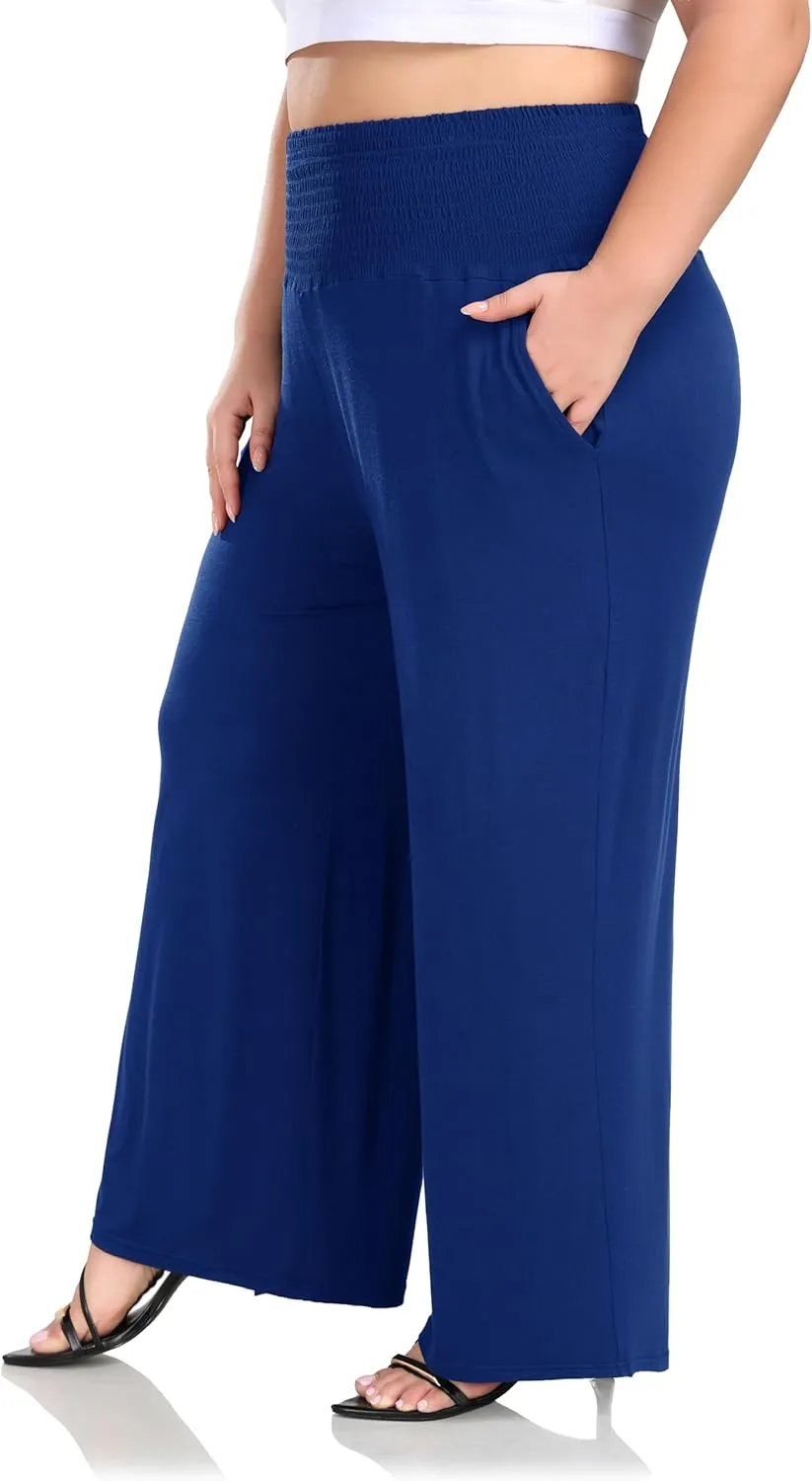 ZERDOCEAN Women's Plus Size Palazzo Pants Wide Leg Smocked Waist Casual Loose Lounge Pants with Pockets