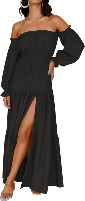 ZESICA Women's 2025 Boho Sexy Off Shoulder Long Sleeve Smocked High Waist Side Split Flowy A Line Tiered Long Maxi Dress